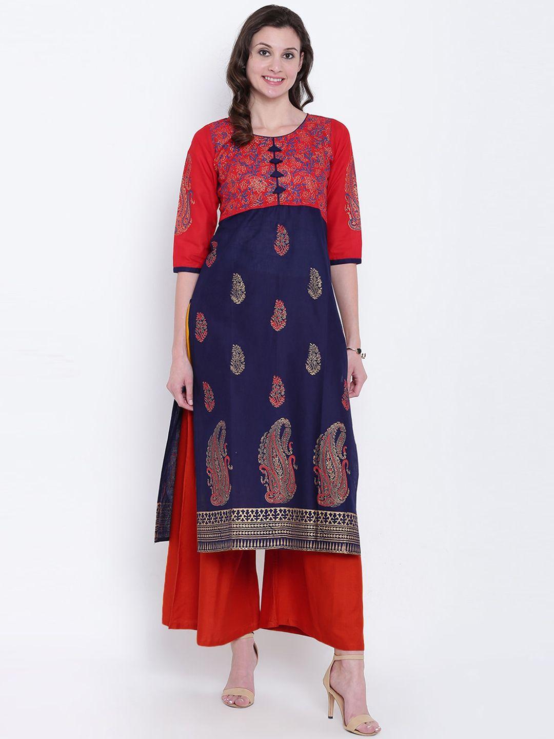 varkha fashion women navy blue ethnic motifs printed block print kurta