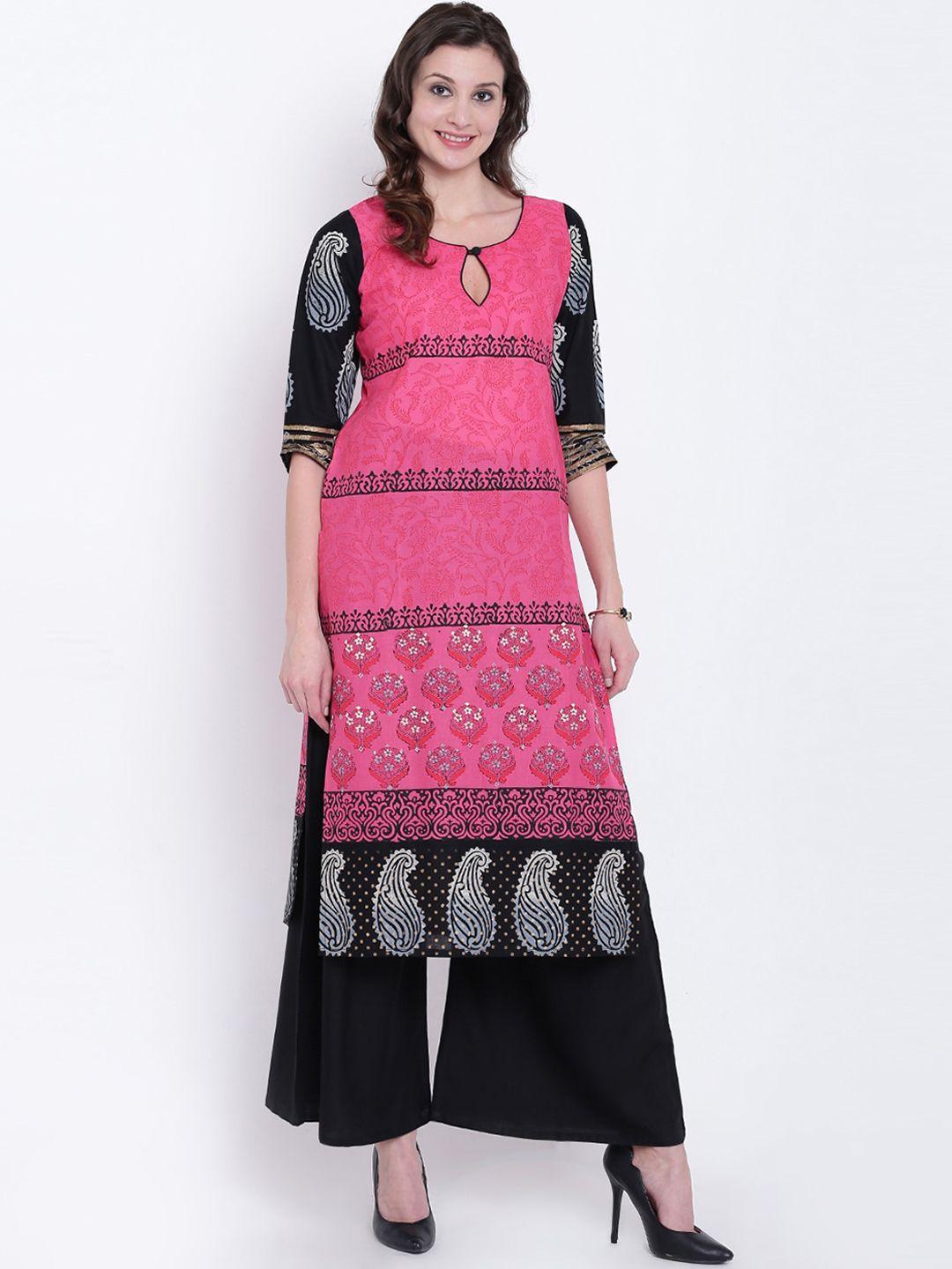 varkha fashion women pink ethnic motifs printed keyhole neck block print kurta