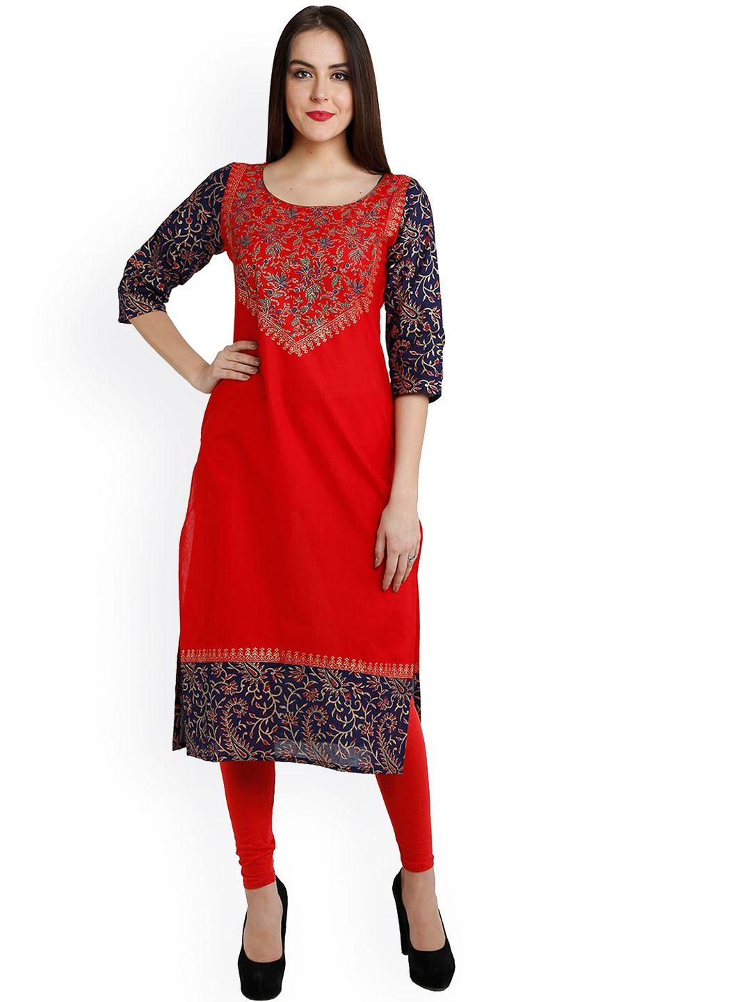 varkha fashion women red ethnic motifs printed block print cotton kurta