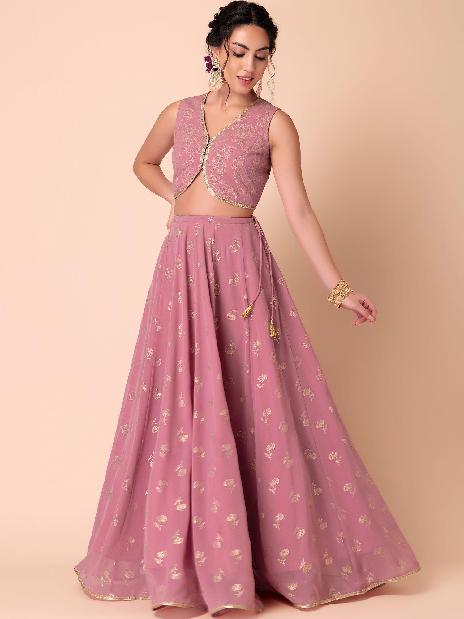 varun bahl x indya dusty pink foil print lehenga with blouse and dupatta (set of 3)