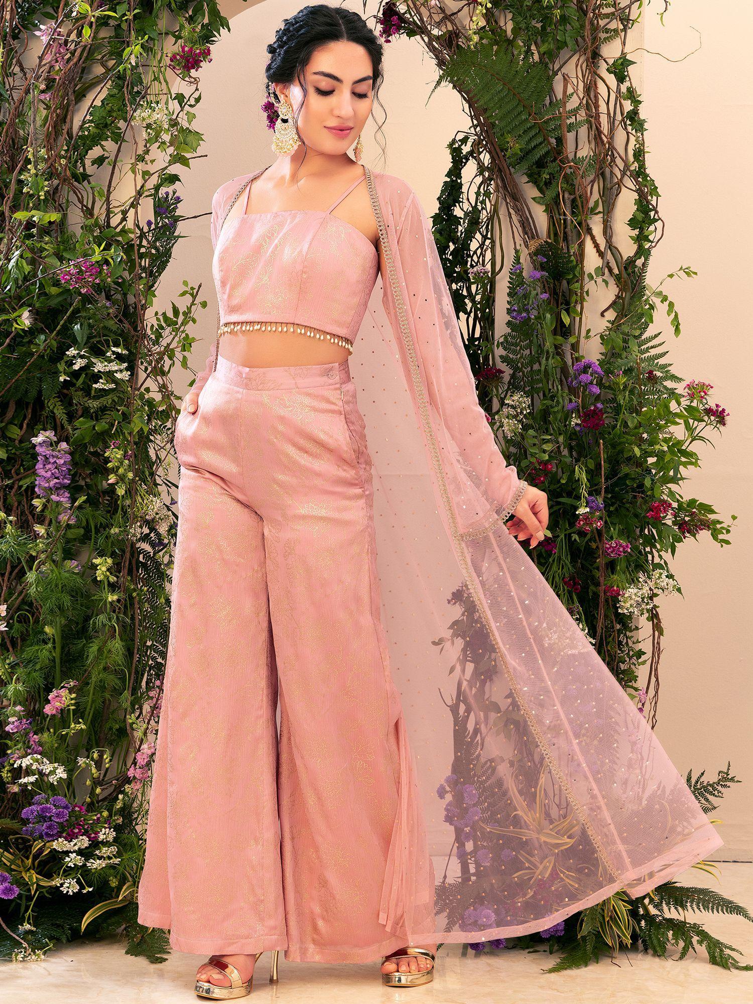 varun bahl x indya pastel pink mesh jacket with foil print top and pants (set of 3)