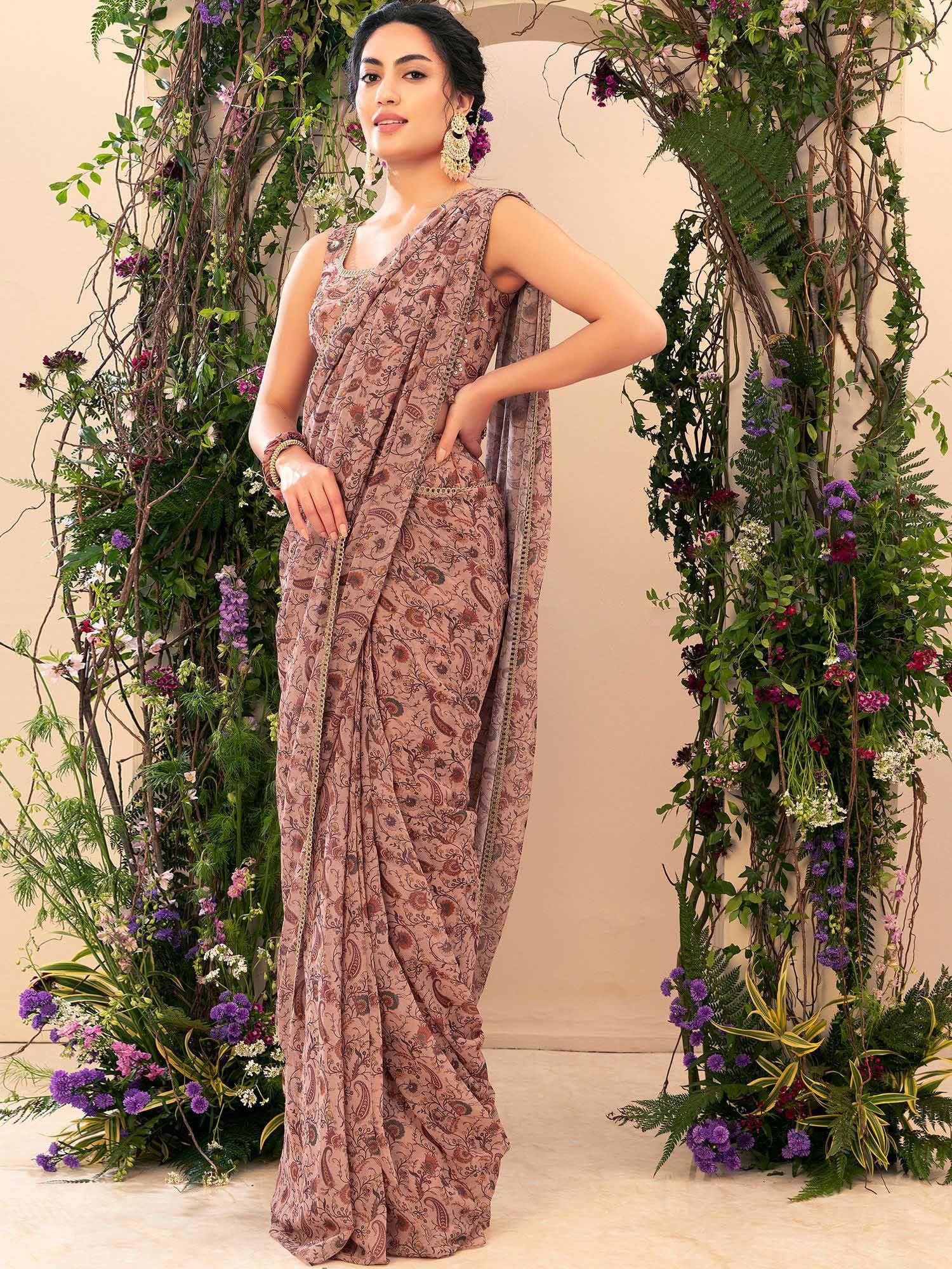 varun bahl x indya pastel pink printed pre-stitched saree with embroidered blouse
