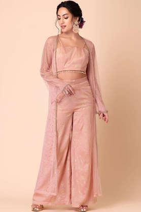 varun bahl x mesh jacket with foil print top and pant (set of 3) - pink
