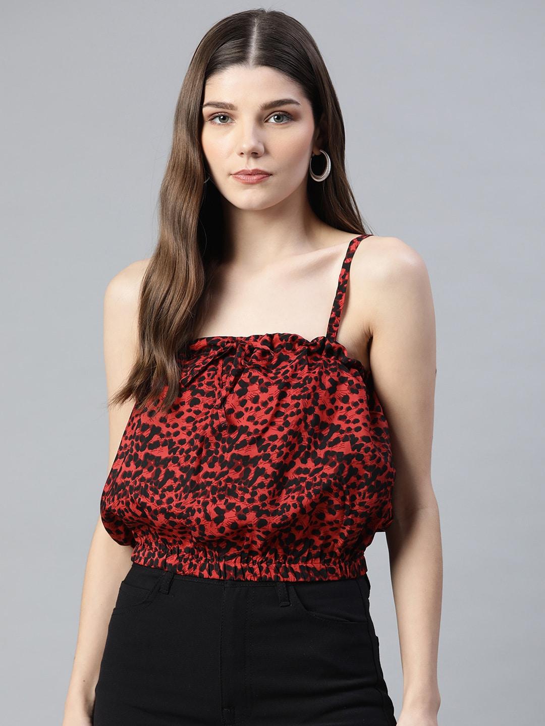 varushka women red & black leopard print blouson crop top