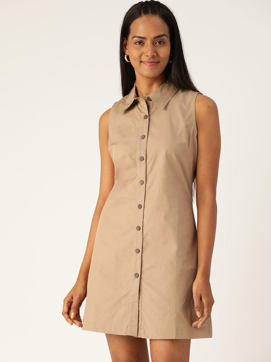 varushka beige pure cotton solid shirt collar dress