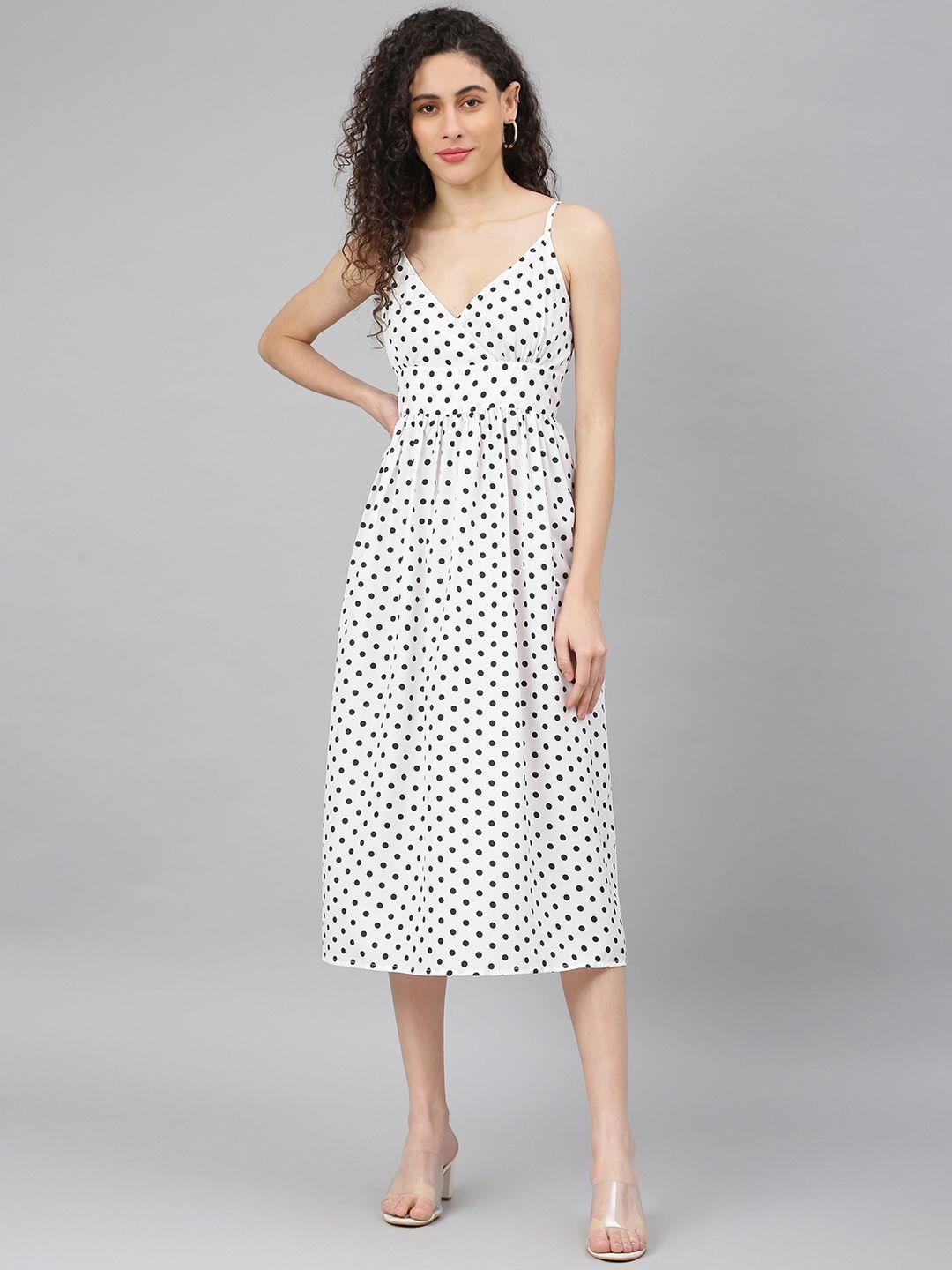 varushka black & white polka dots crepe midi overlap dress