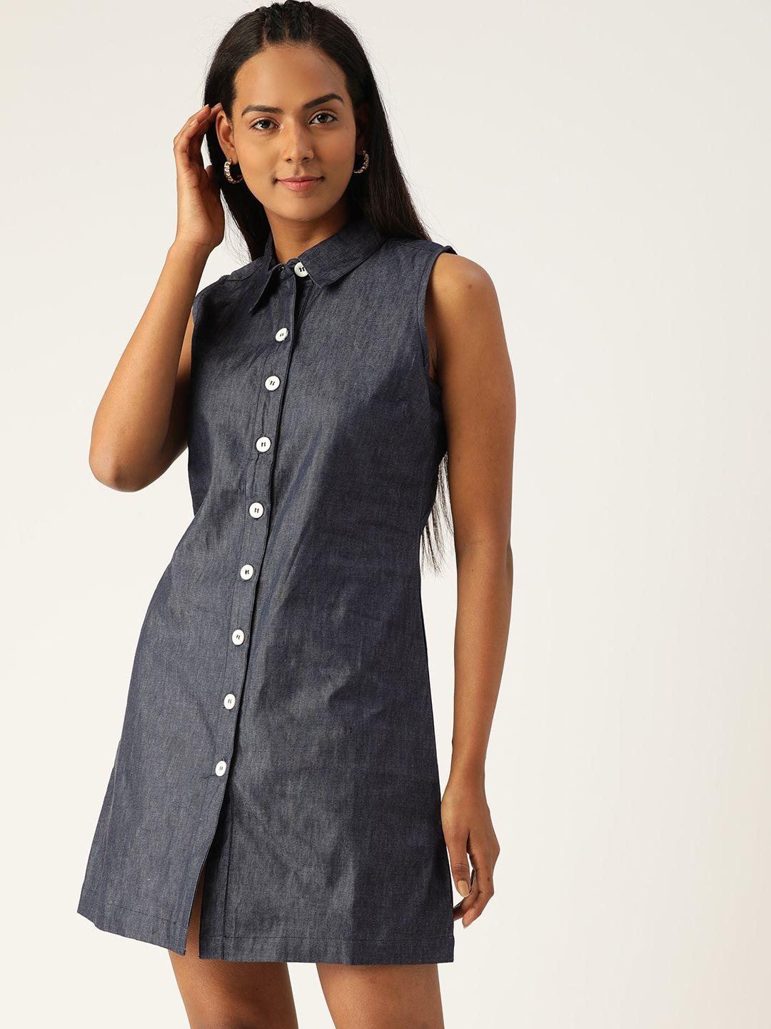 varushka blue chambray sleeveless shirt dress