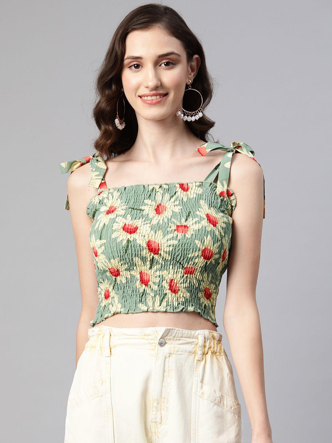 varushka green & yellow floral print smocked crepe crop top