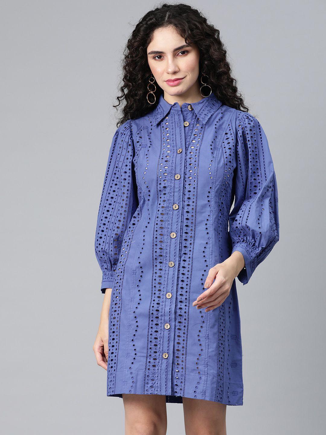 varushka puff sleeves schiffli pure cotton shirt dress