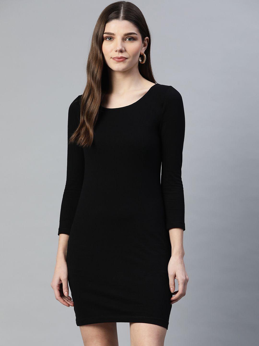 varushka women black cotton solid bodycon dress