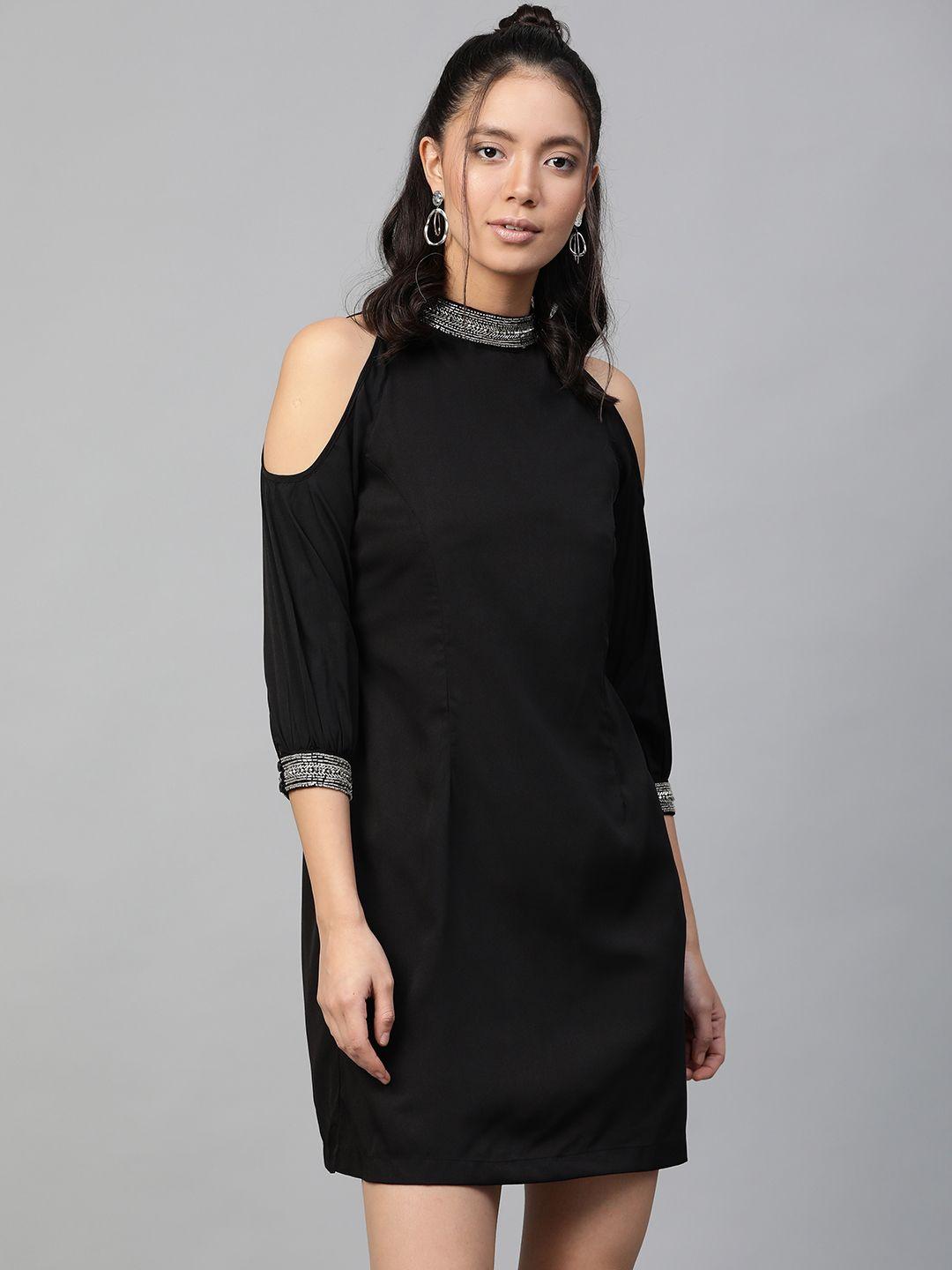 varushka women black solid cold-shoulder shift dress