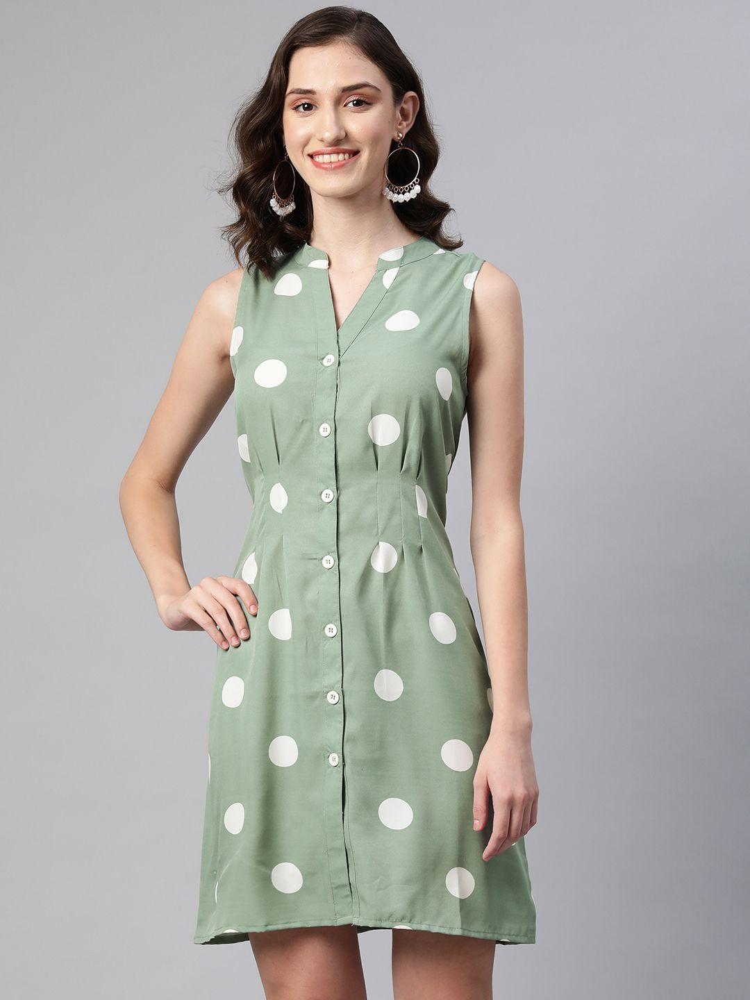 varushka women green & white polka dot printed crepe shirt dress