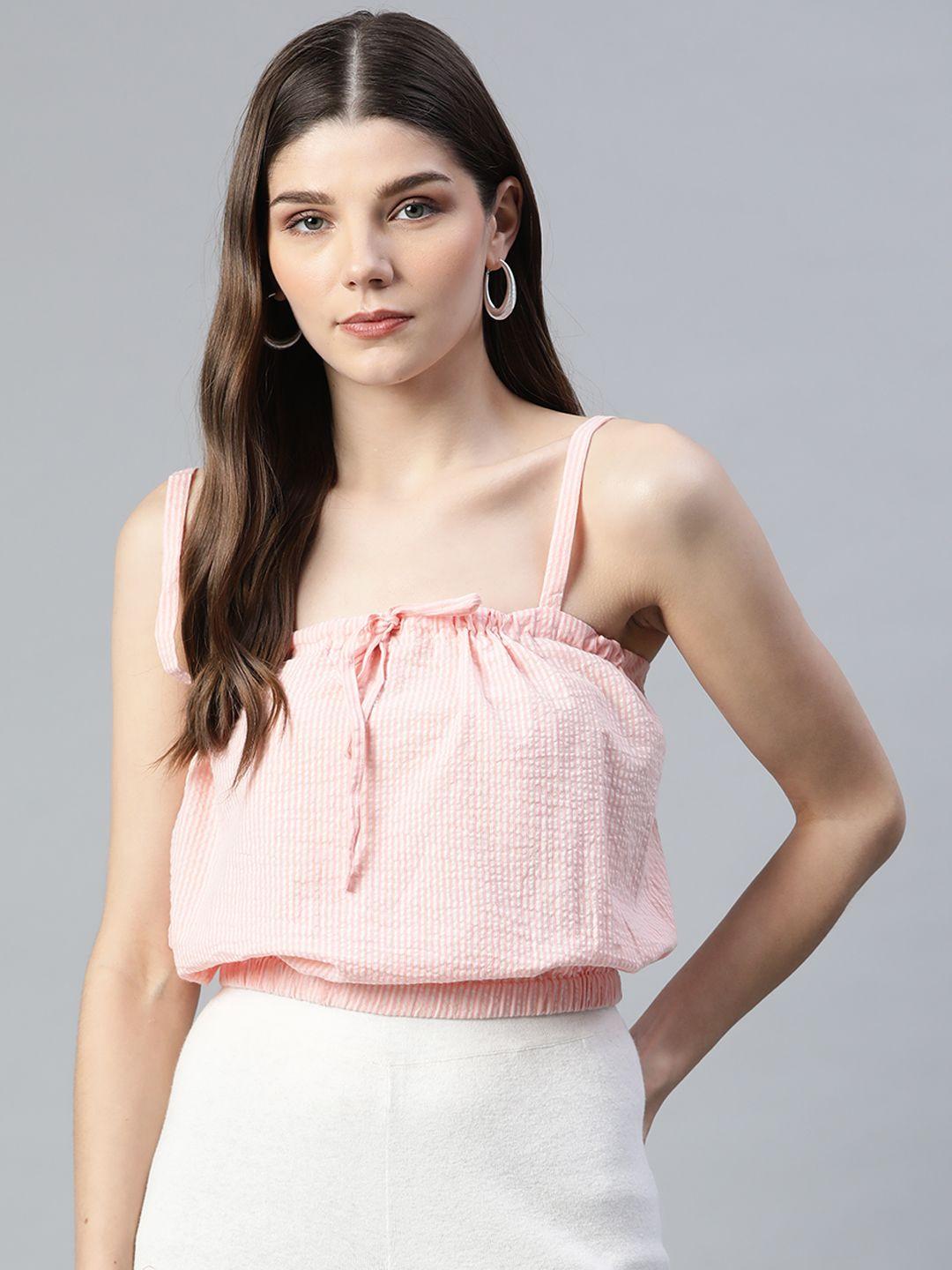 varushka women pink & white striped seersucker blouson crop top