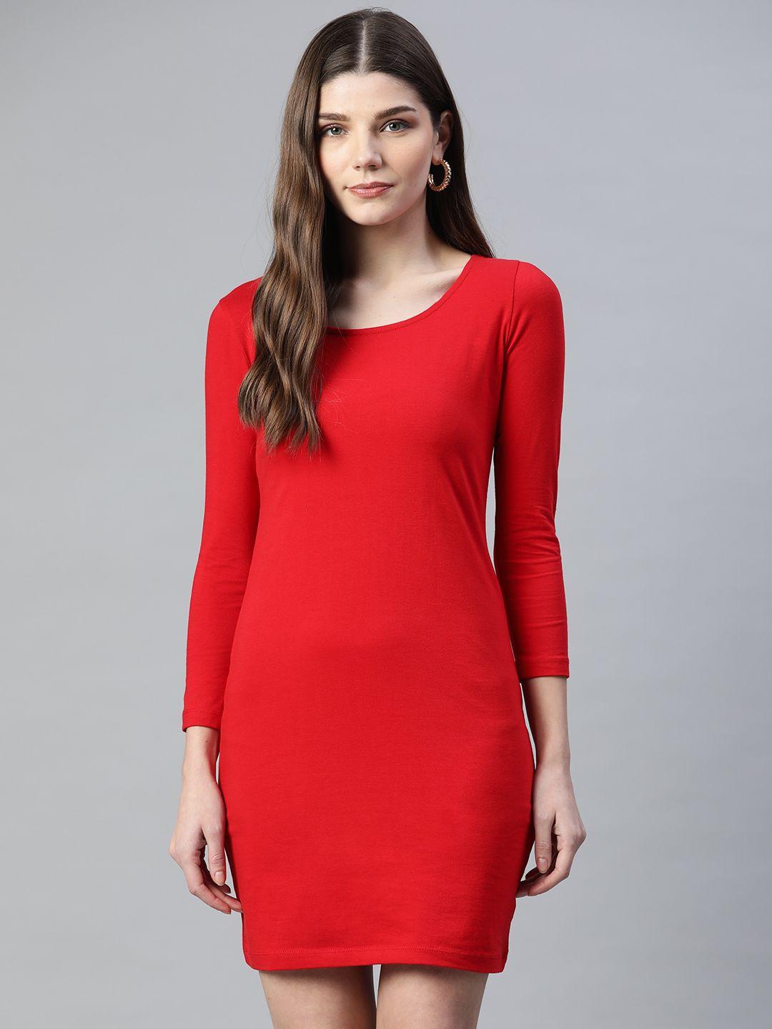 varushka women red cotton solid bodycon dress