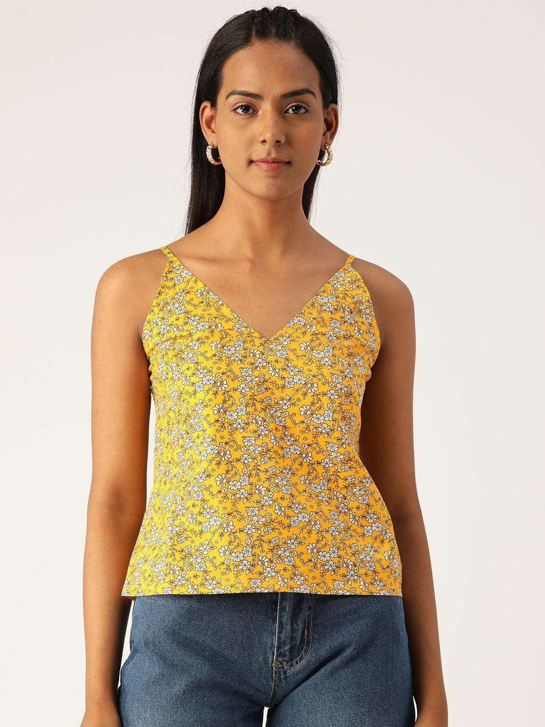 varushka yellow & white pure cotton shoulder-strap floral print top