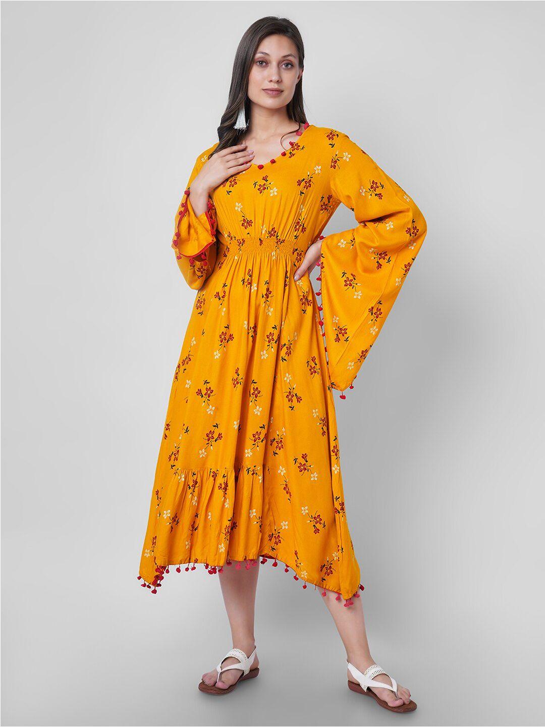 vasant apparel floral print bell sleeve smocked fit & flare midi dress