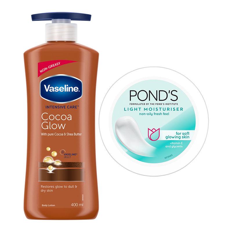 vaseline cocoa glow lotion with ponds light moisturiser for soft & glowing skin