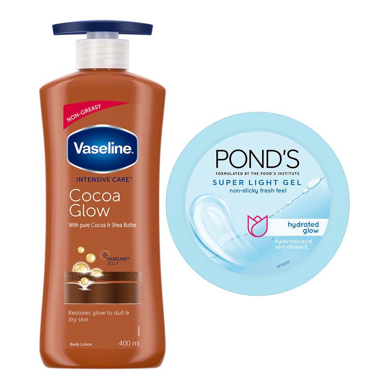 vaseline cocoa glow lotion with ponds super light gel oil free moisturiser for soft & glowing skin