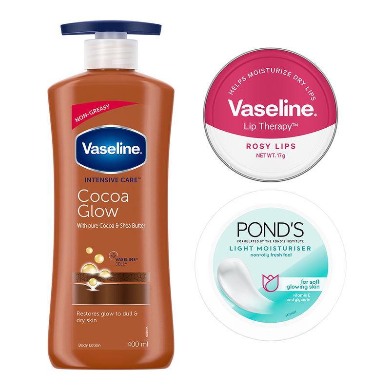 vaseline cocoa glow lotion with rosy lip tin& ponds light moisturiser