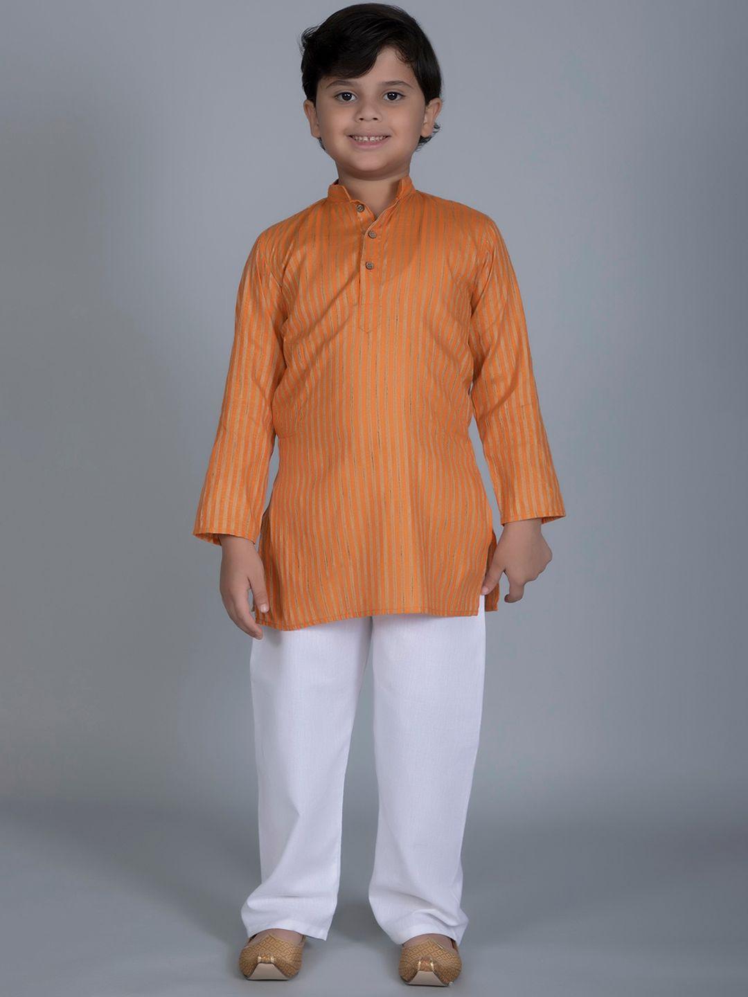 vastraa fusion boys orange striped printed cotton kurta