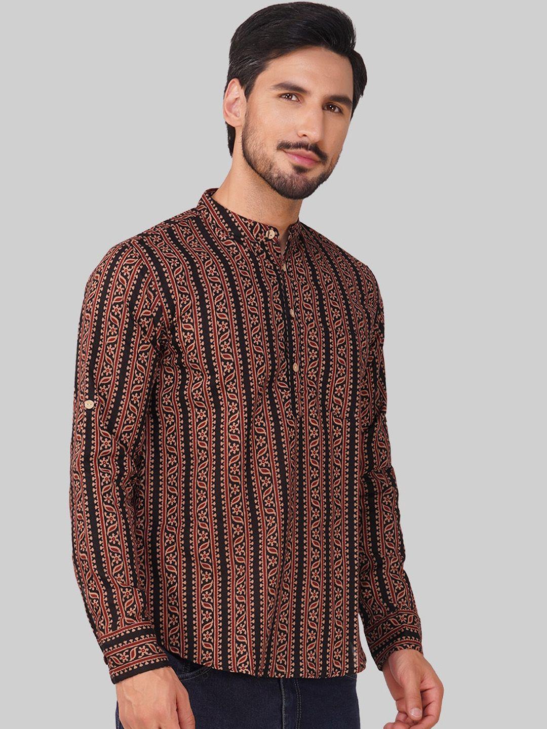 vastraa fusion ethnic motifs printed band collar roll-up sleeves cotton short kurta