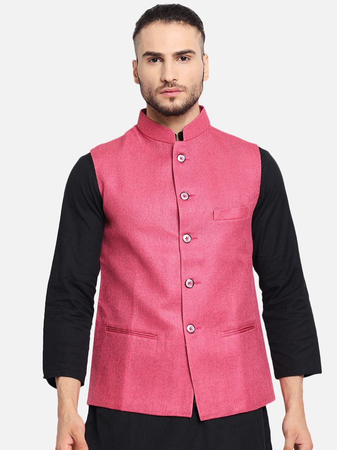 vastraa-fusion-men-pink-solid-jute-cotton-woven-nehru-jacket