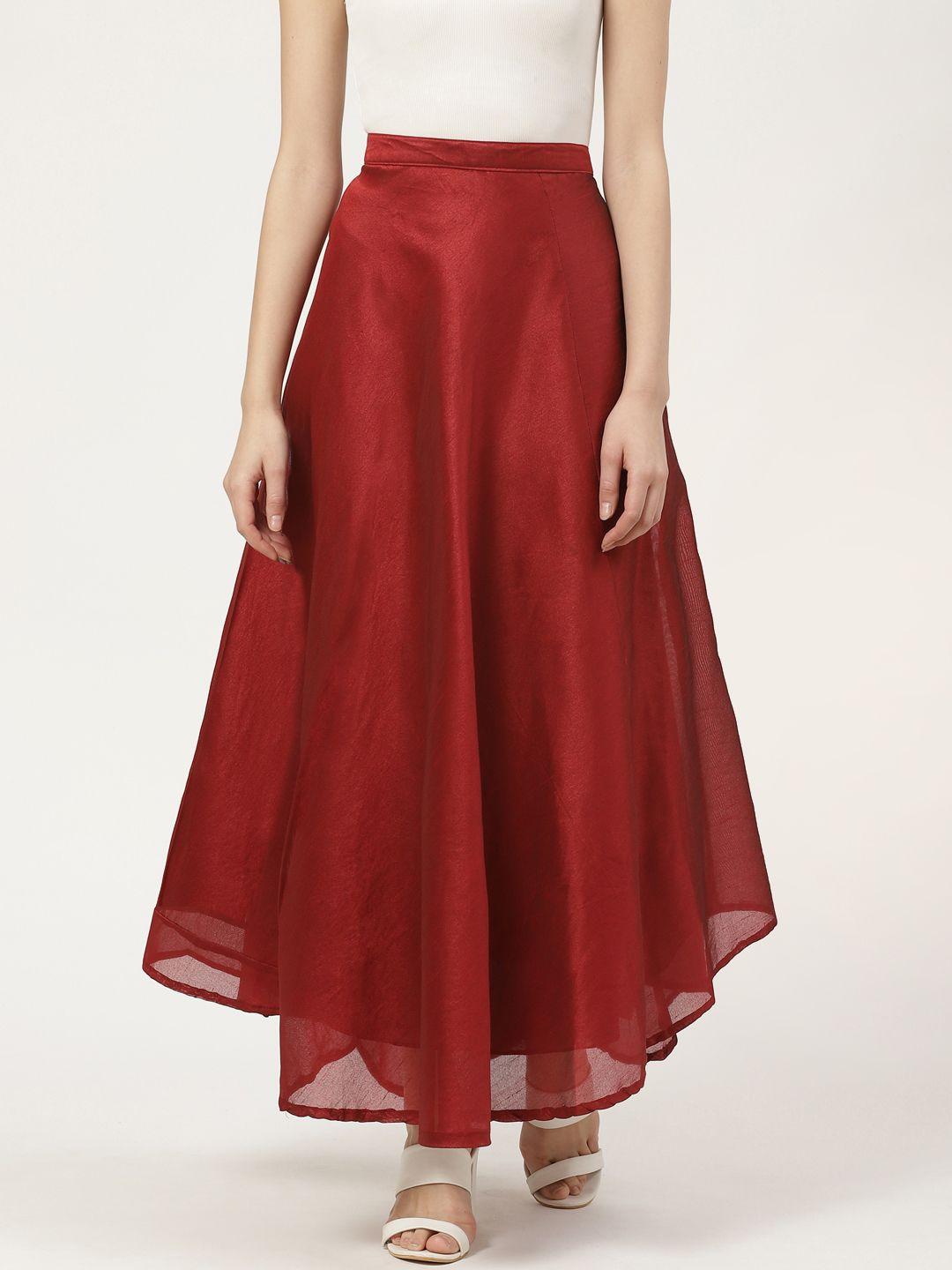 vastraa fusion women maroon solid chanderi flared maxi skirt