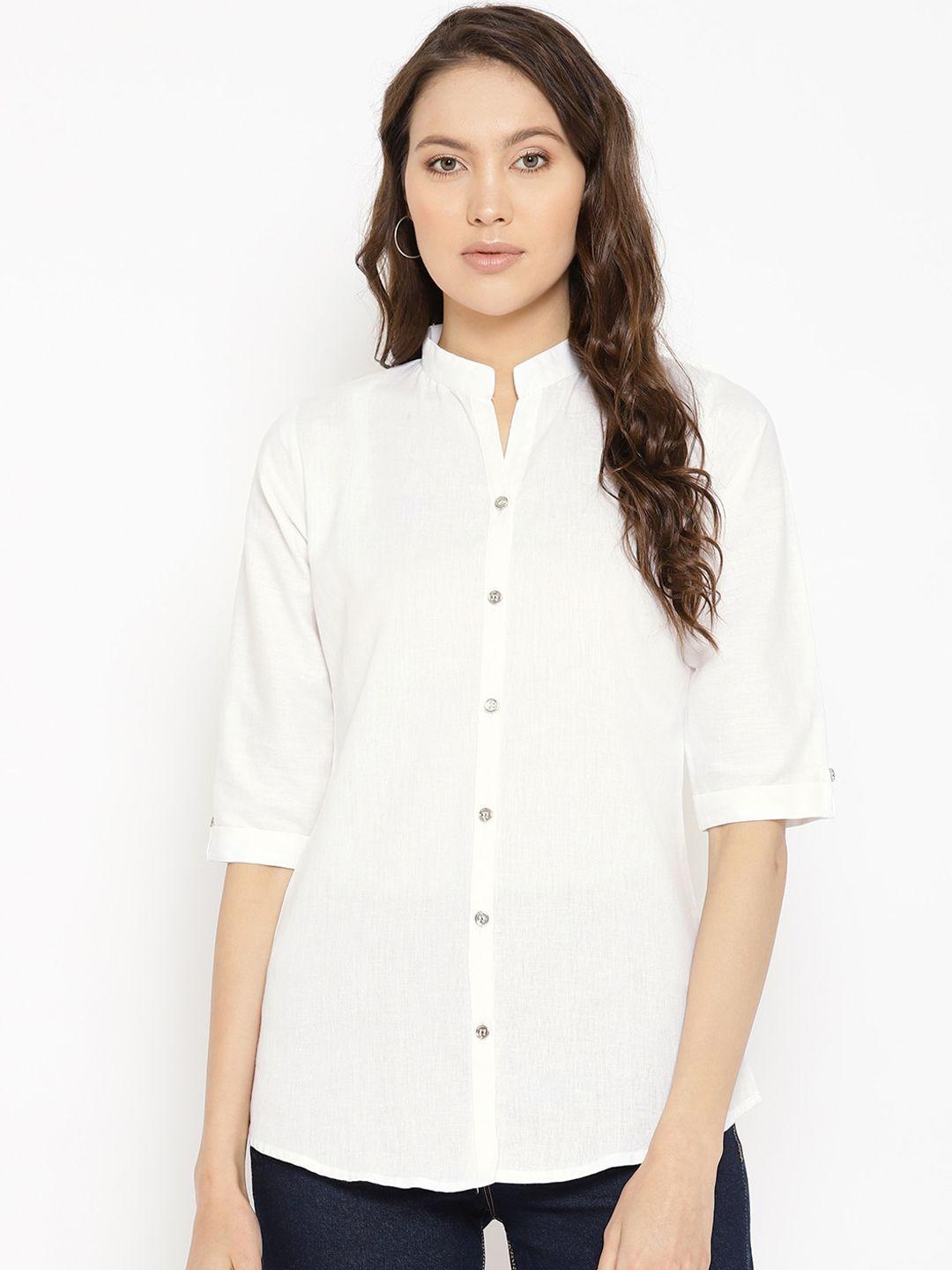 vastraa fusion women white regular fit solid pure cotton casual shirt