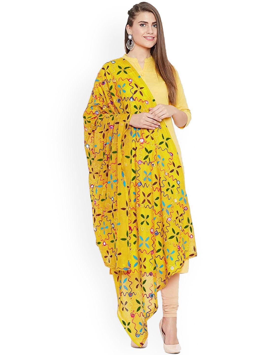 vastraa fusion yellow & blue embroidered pure cotton dupatta