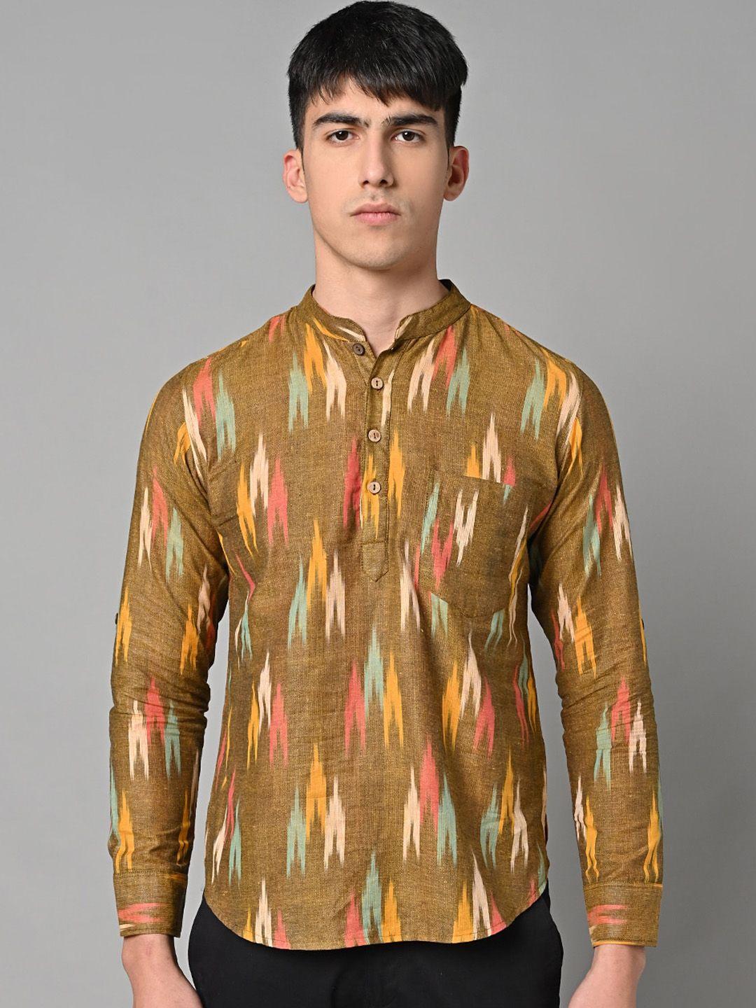 vastraa fusion abstract ikat printed mandarin collar pure cotton short kurta