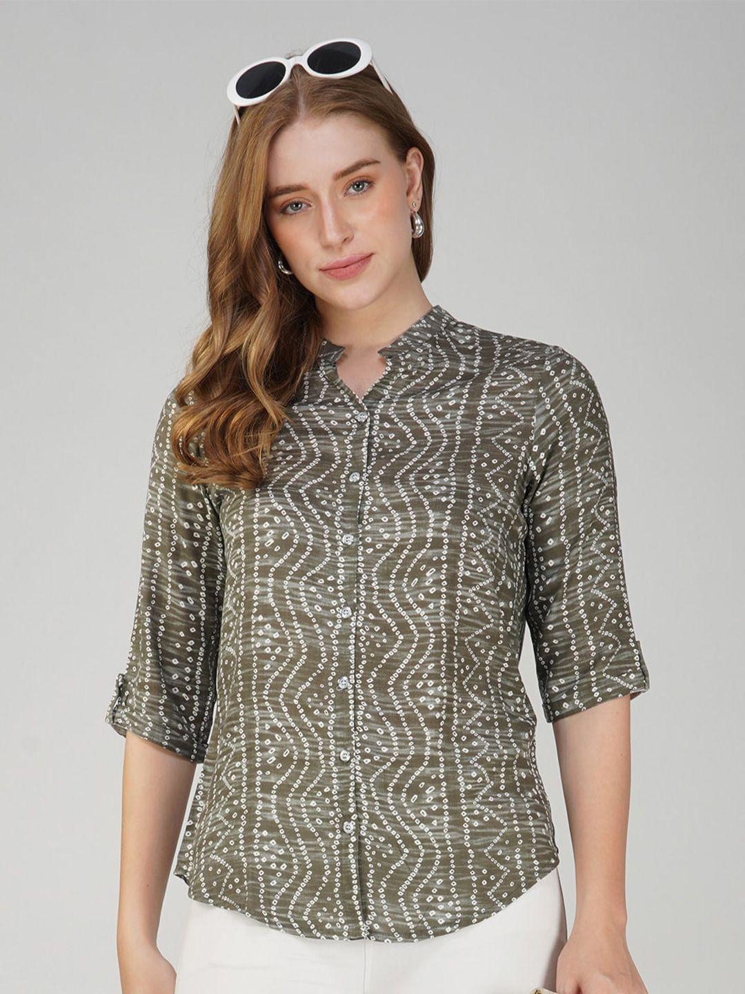 vastraa fusion bandhani printed mandarin collar roll up sleeves shirt style top