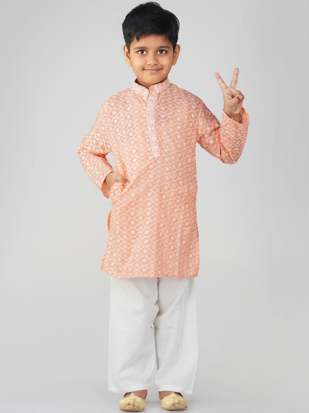 vastraa fusion boys ethnic motifs mandarin collar embroidered chikankari pure cotton kurta