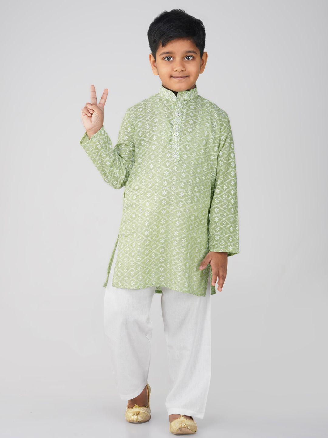 vastraa fusion boys ethnic motifs mandarin collar embroidered chikankari pure cotton kurta