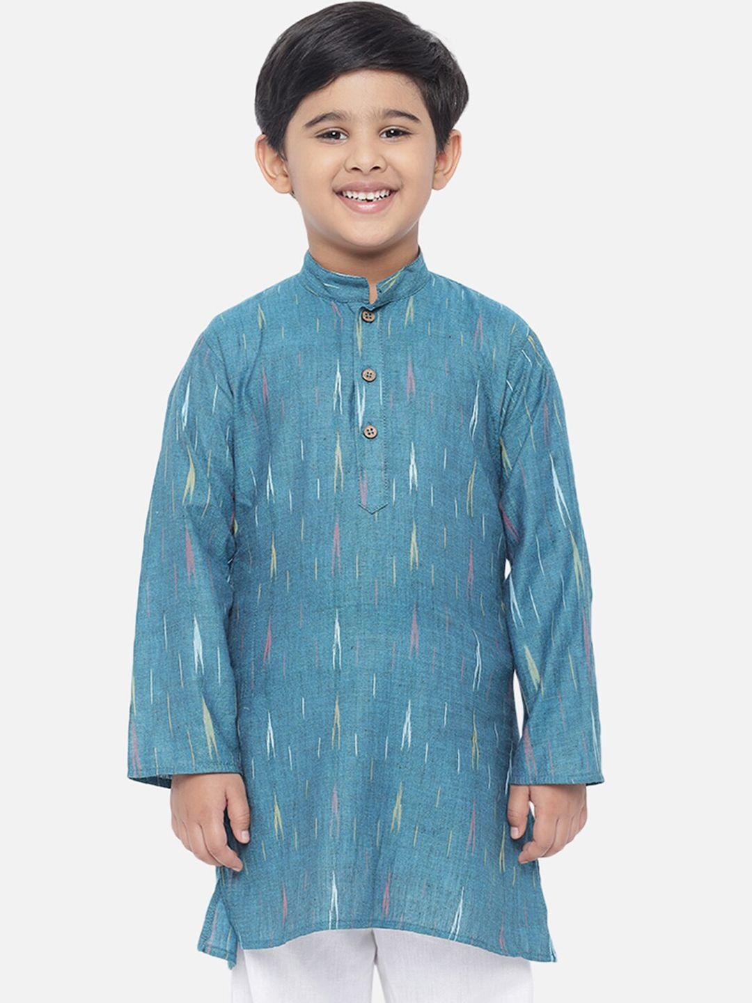 vastraa fusion boys teal ikat print cotton kurta