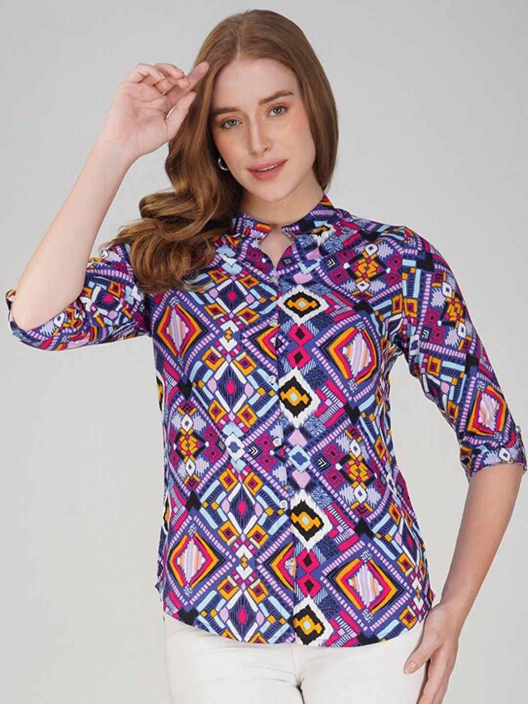 vastraa fusion geometric printed mandarin collar shirt style top