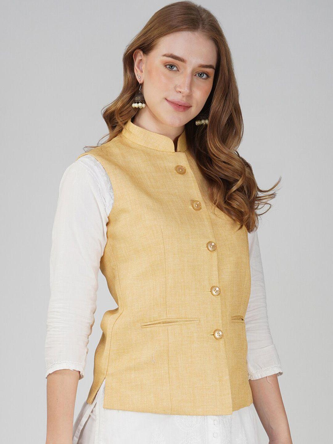 vastraa fusion mandarin collar woven nehru jacket