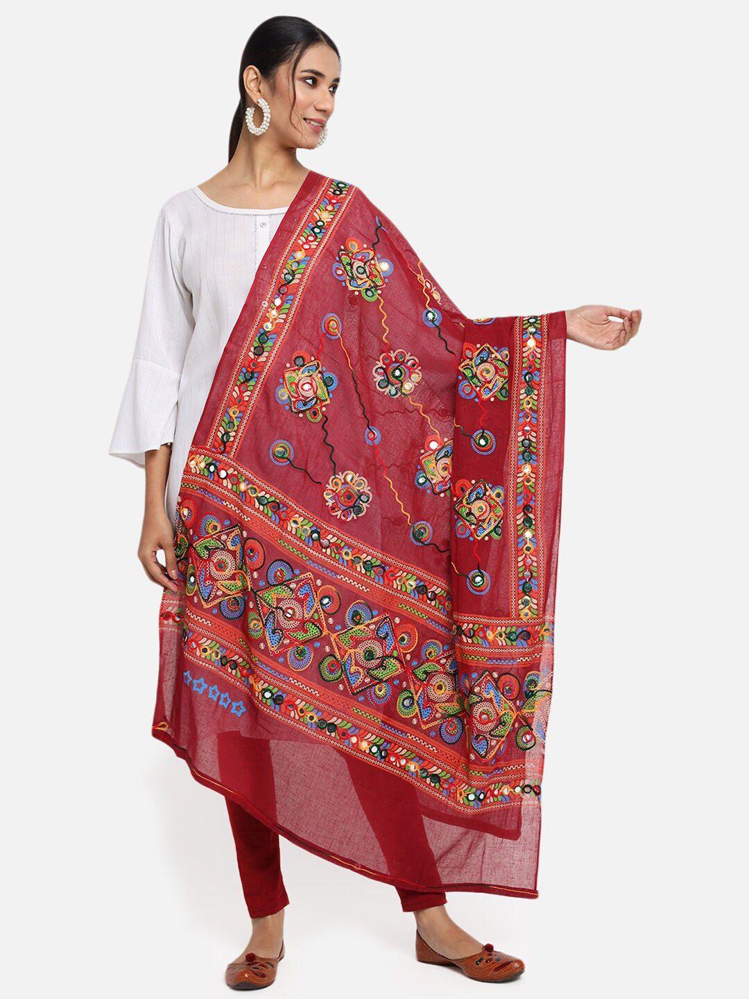 vastraa fusion maroon & blue ethnic motifs embroidered pure cotton dupatta with mirror work