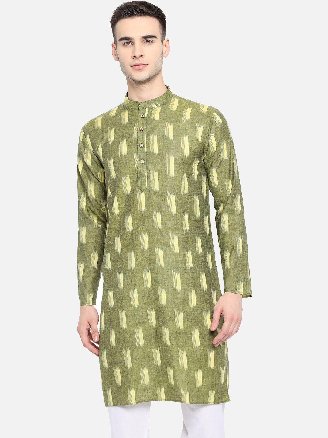 vastraa fusion men green & yellow ikkat printed cotton a-line kurta