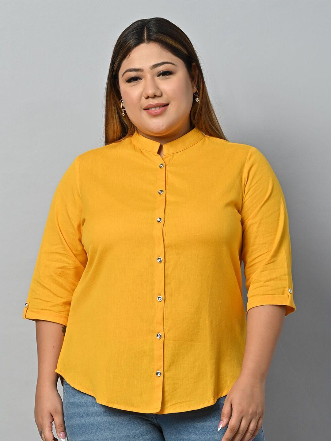 vastraa fusion mustard yellow mandarin collar cotton shirt style top