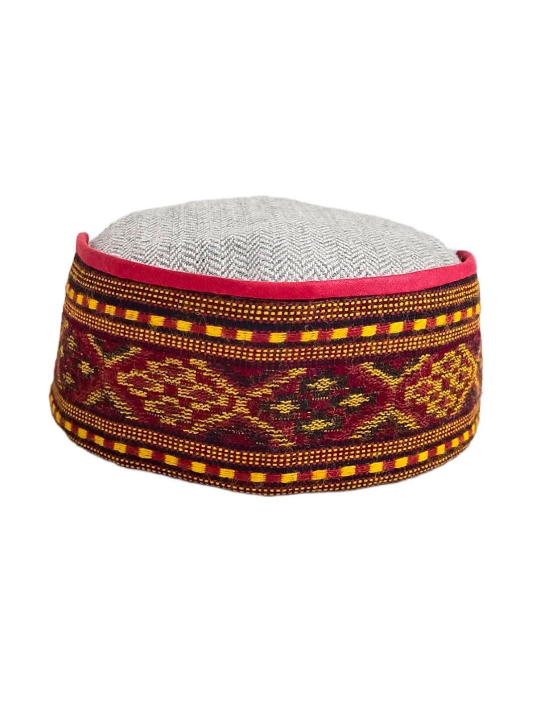 vastraa fusion pink & grey embroidered woolen himachali cap
