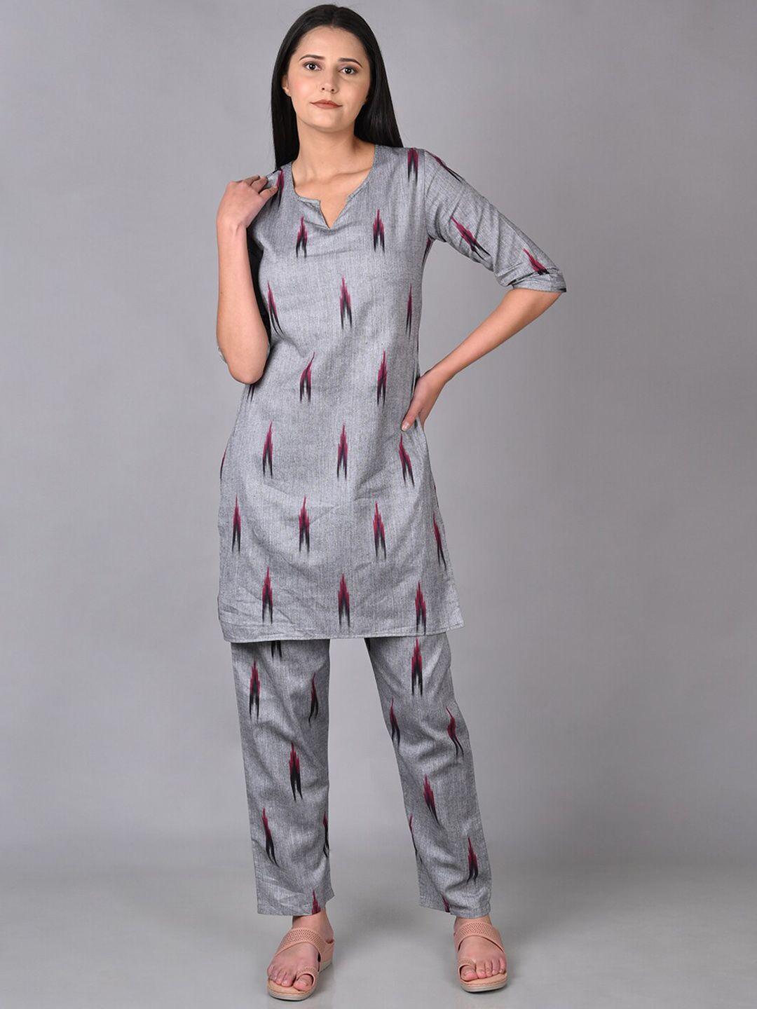 vastraa fusion printed notch neck pure cotton straight kurta with trousers