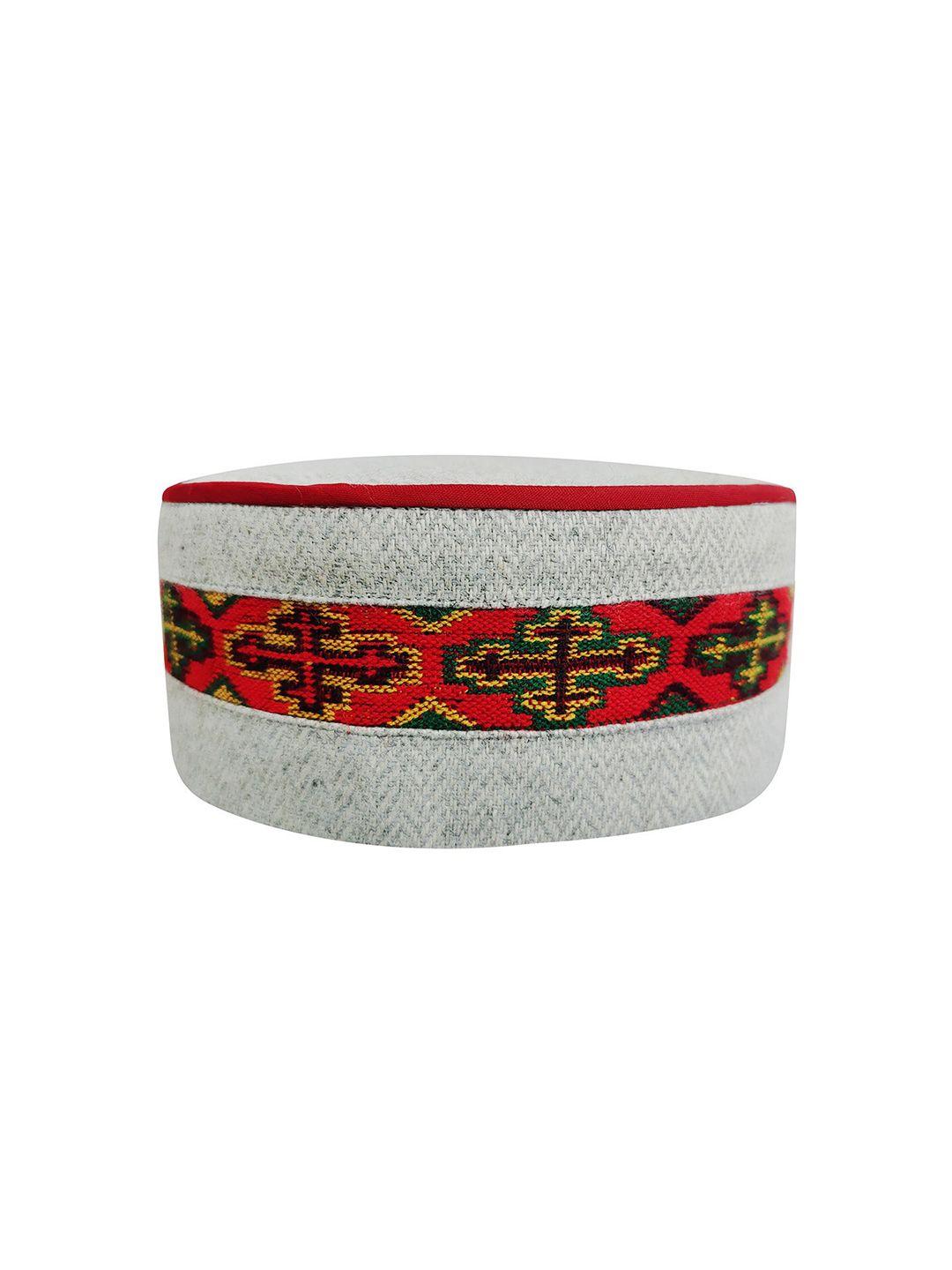 vastraa fusion unisex grey & red embroidered woolen kullu himachali cap