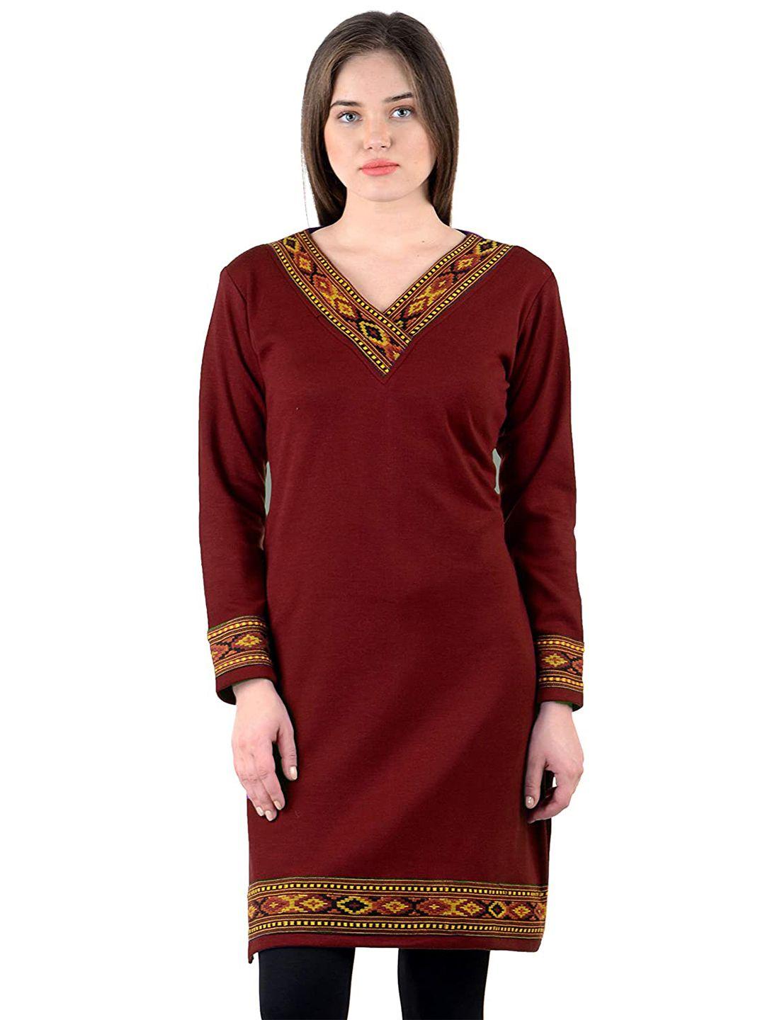 vastraa fusion women's maroon woolen kurti traditional winter wool kullu kurti