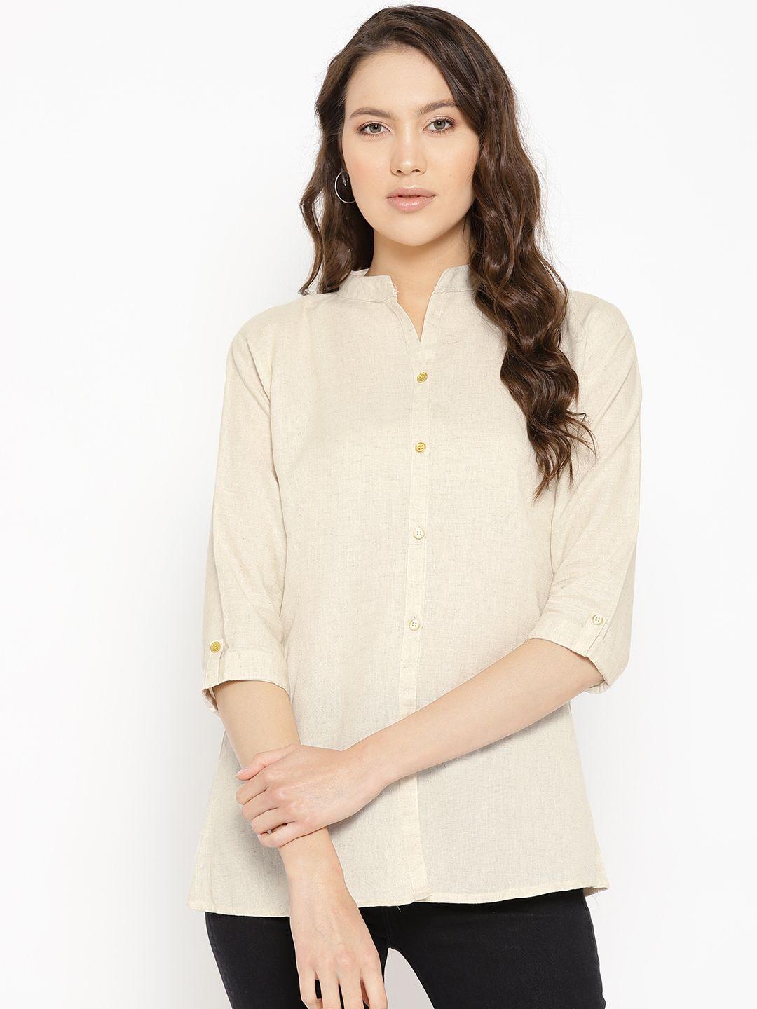vastraa fusion women beige regular fit solid casual shirt