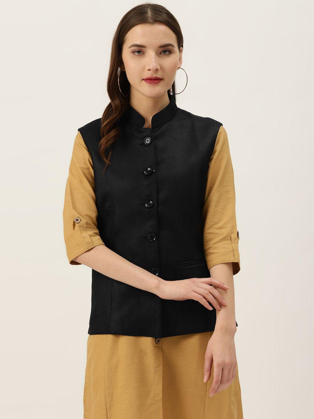 vastraa fusion women black textured nehru jacket