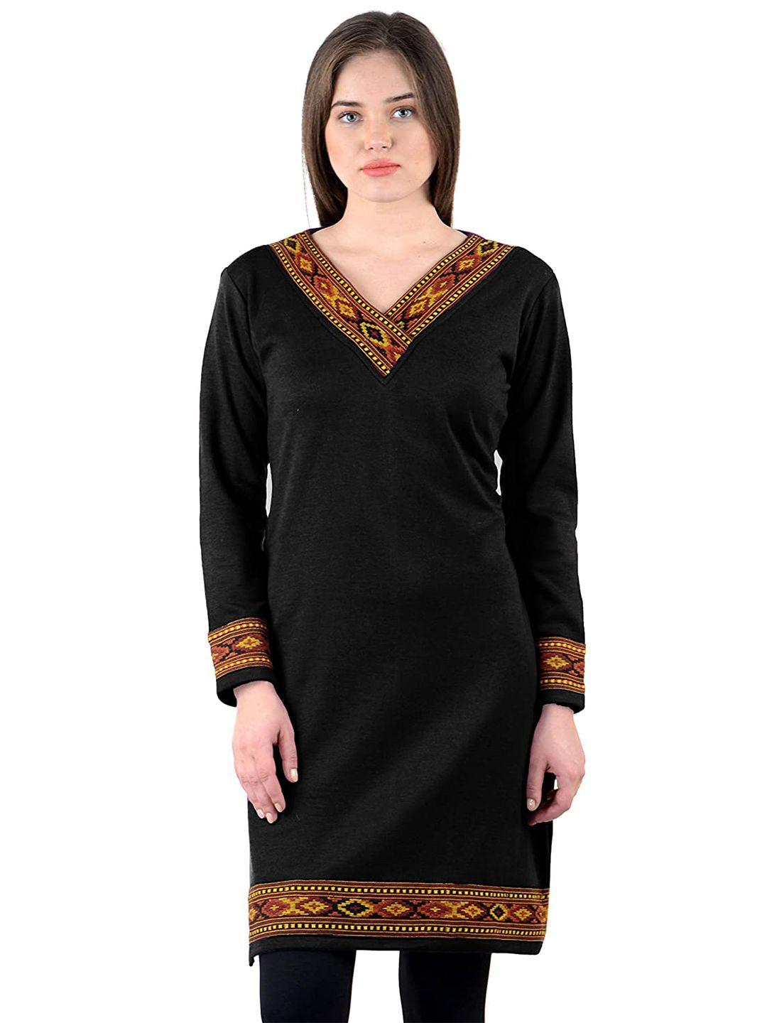 vastraa fusion women black v-neck traditional woolen kurti