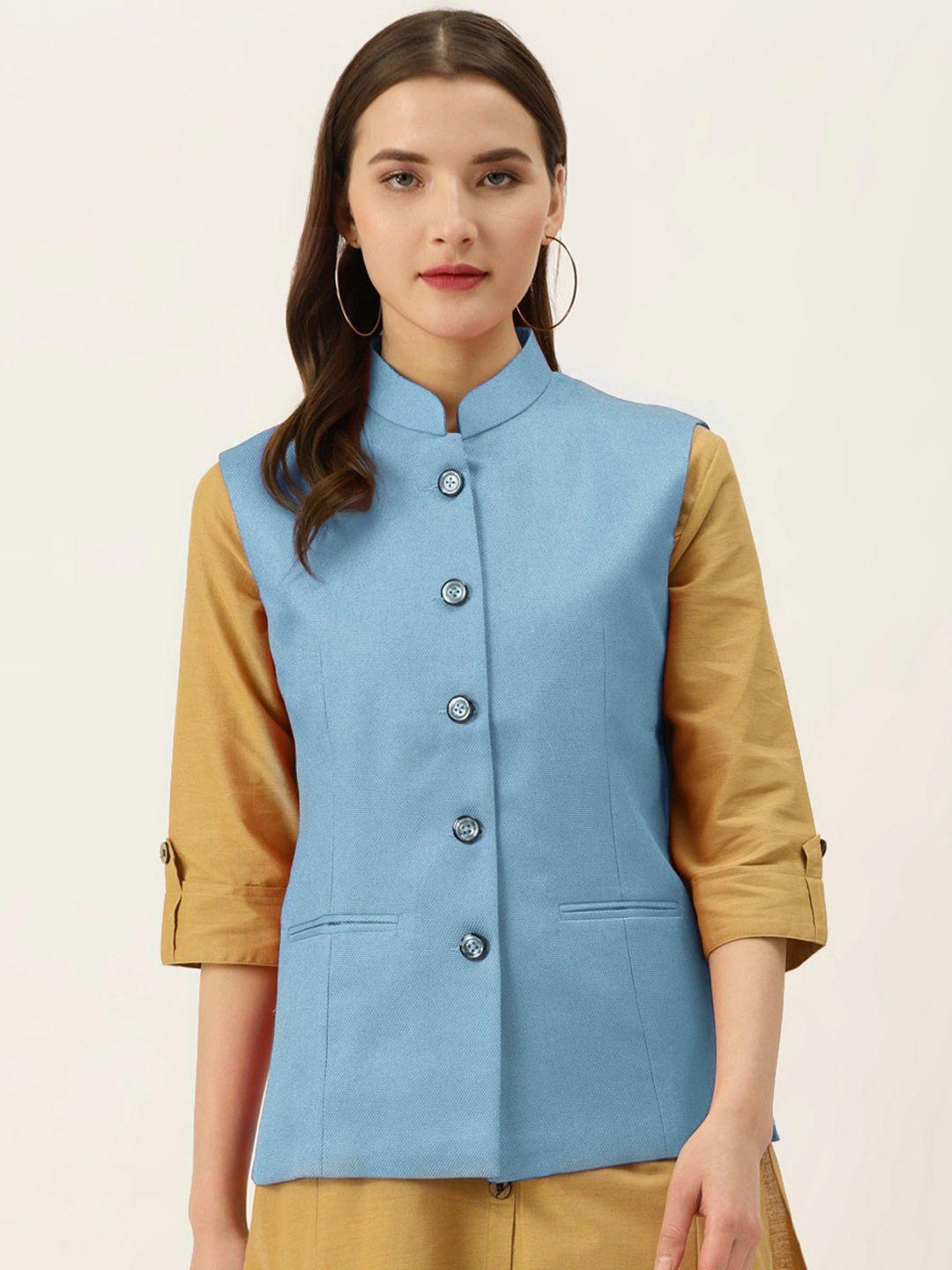 vastraa fusion women blue woven-design nehru jacket