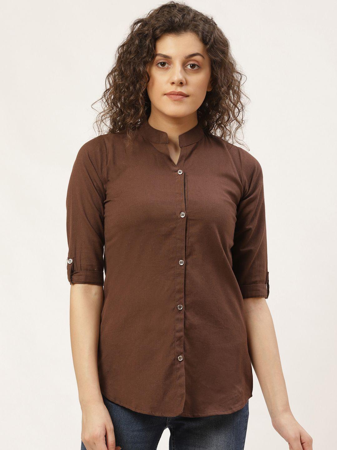 vastraa fusion women brown regular fit solid casual shirt