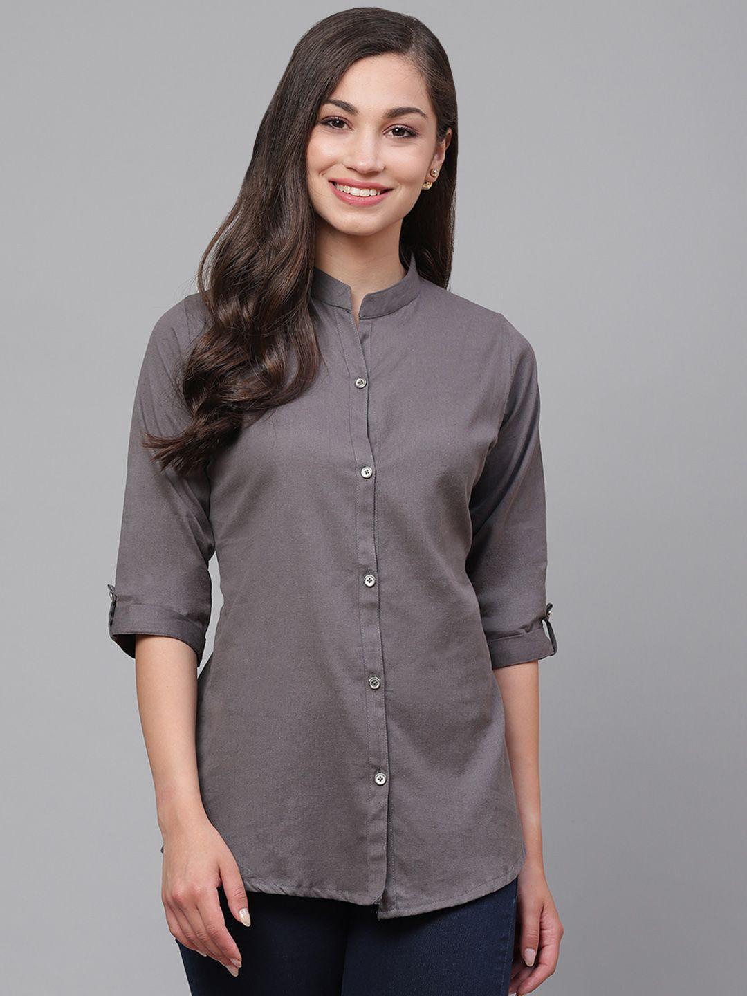 vastraa fusion women charcoal grey regular fit solid casual shirt