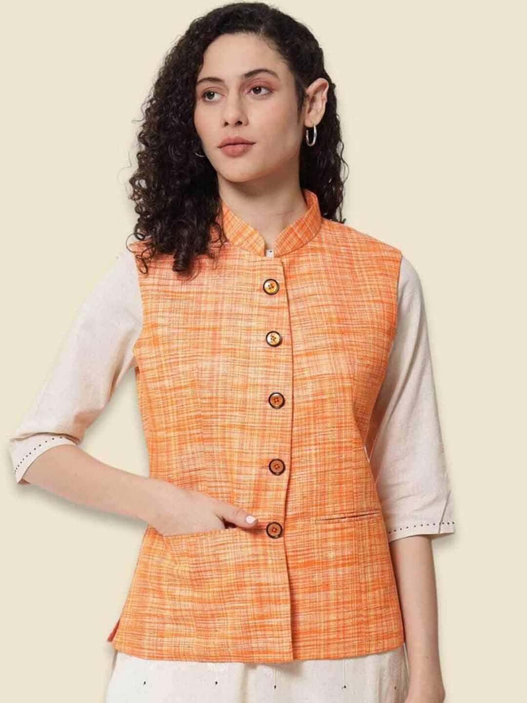 vastraa fusion women checked pure cotton nehru jackets